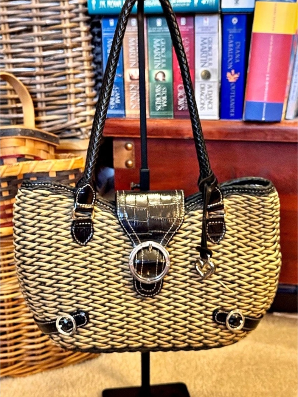 Brighton Woven Shoulder Bag in Brown & Black